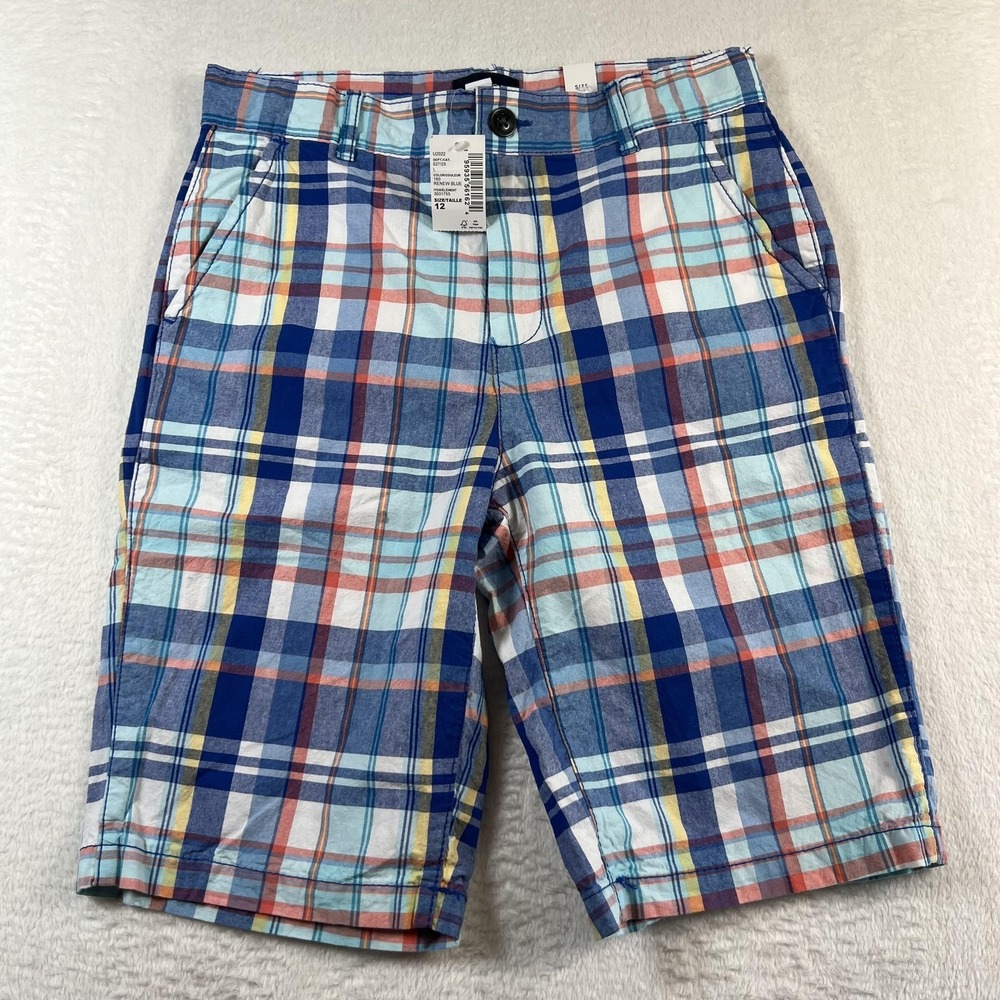 Childrens PLACE Bermuda Shorts Boys 12 Blue Plaid Poplin Flat Front Pockets